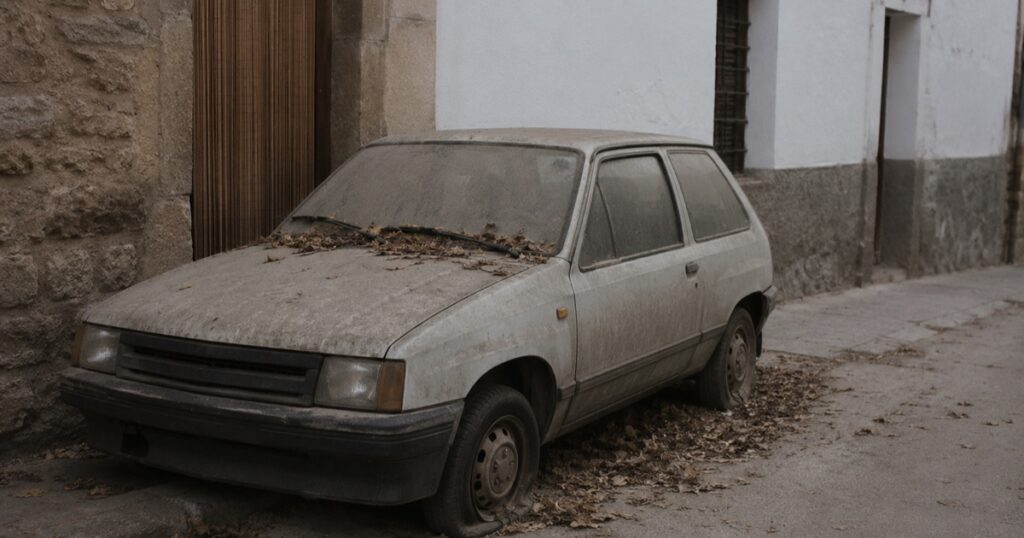 Coche antiguo aparcado en una calle de pueblo, con polvo y hojas secas sobre el parabrisas