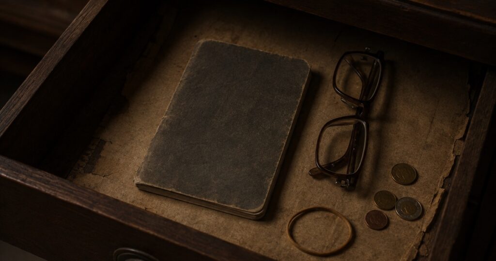 Una libreta de ahorros antigua y unas gafas en el cajón abierto de un mueble