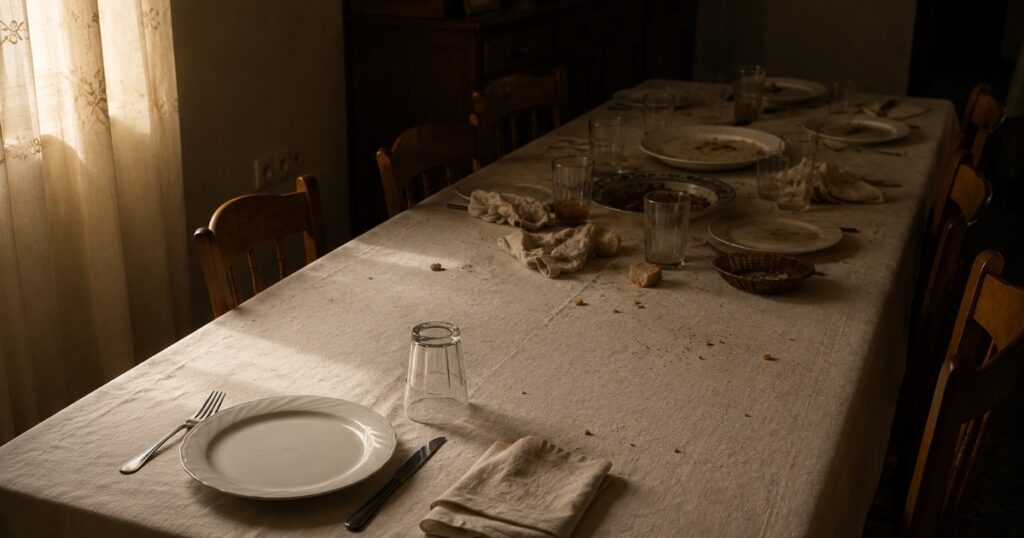 Mesa de comedor después de una comida familiar con un sitio sin estrenar en la cabecera