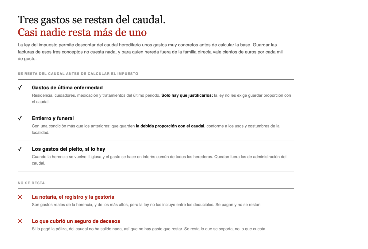 Se restan del caudal los gastos de ultima enfermedad, los de entierro y funeral y los del pleito entre herederos; no se restan la notaria, el registro y la gestoria ni lo que haya cubierto un seguro de decesos
