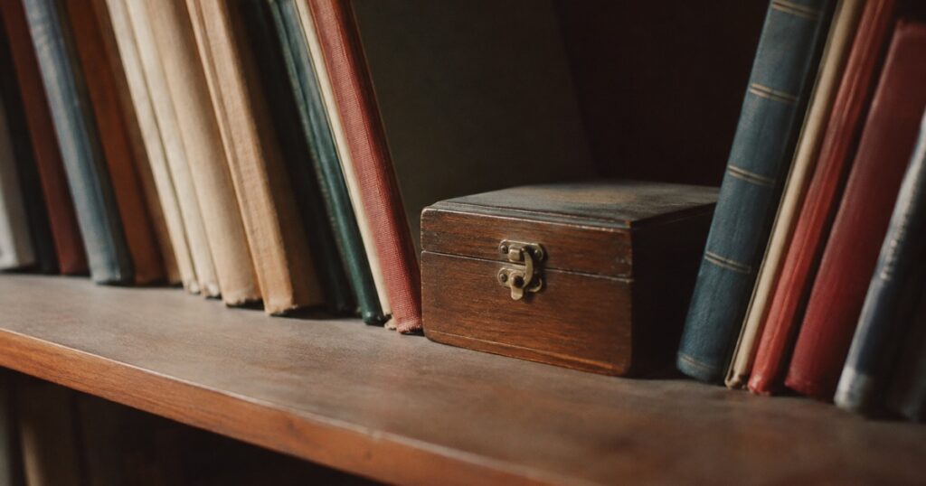 Una caja de madera cerrada con cerradura de latón en una estantería entre libros