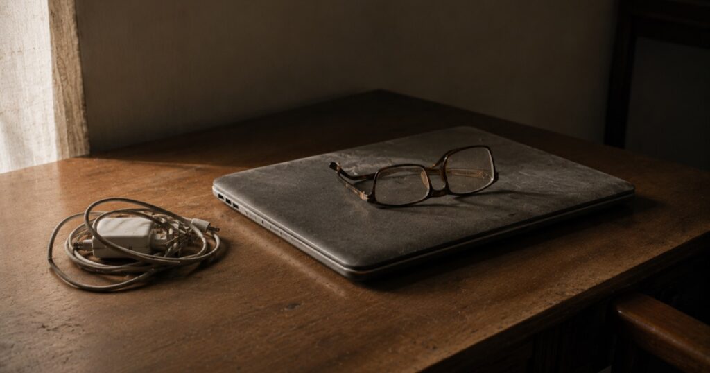 Un portátil cerrado y cubierto de polvo sobre un escritorio, con unas gafas encima