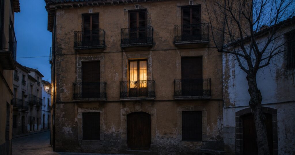 Fachada de una casa familiar española al anochecer con una sola ventana encendida