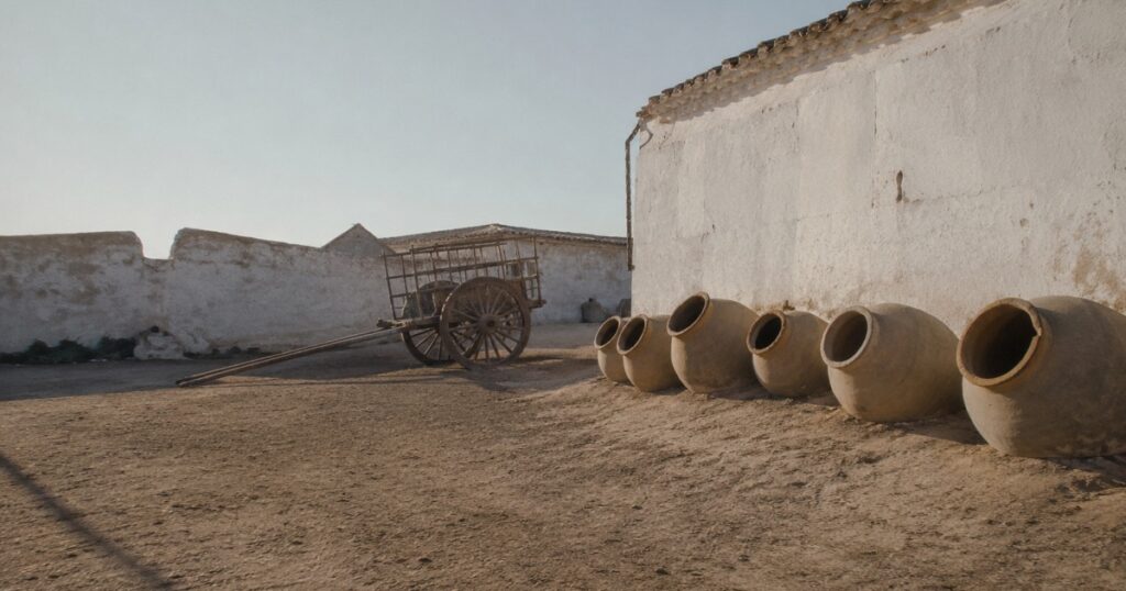 Corral manchego con tinajas de barro medio enterradas junto a una pared encalada