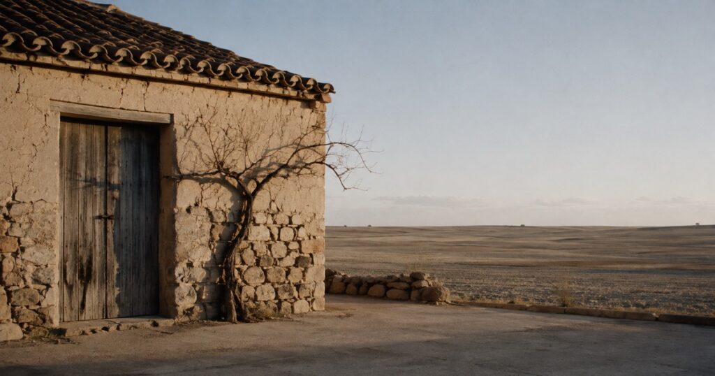 Casa de pueblo en la meseta castellana con los campos de rastrojo al fondo