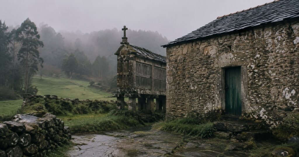 Casa gallega de piedra con hórreo entre la niebla y el campo verde