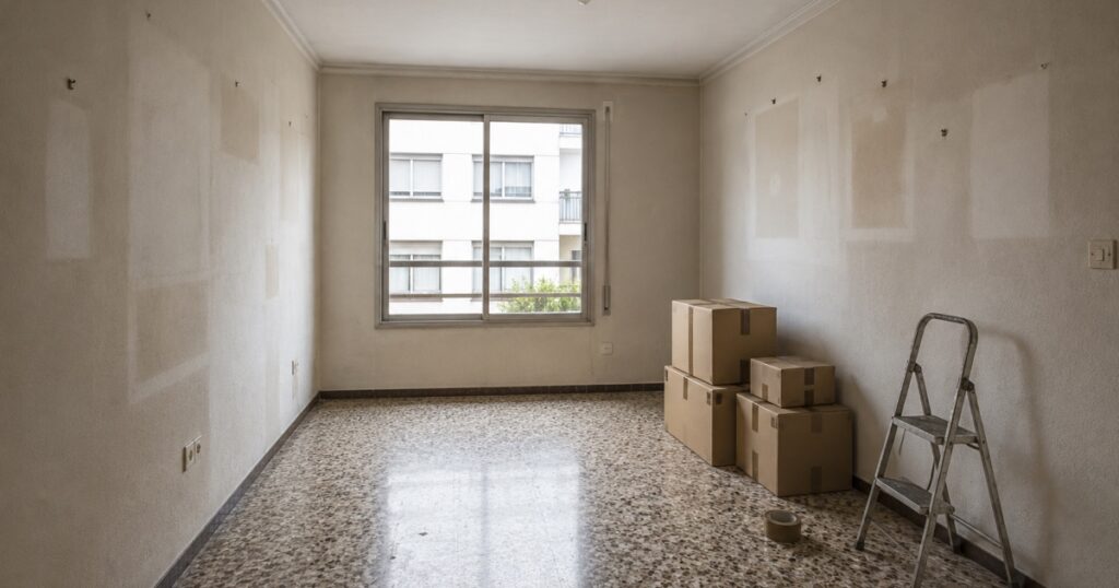 Piso vaciado con cajas de mudanza y marcas en la pared donde estuvieron los muebles